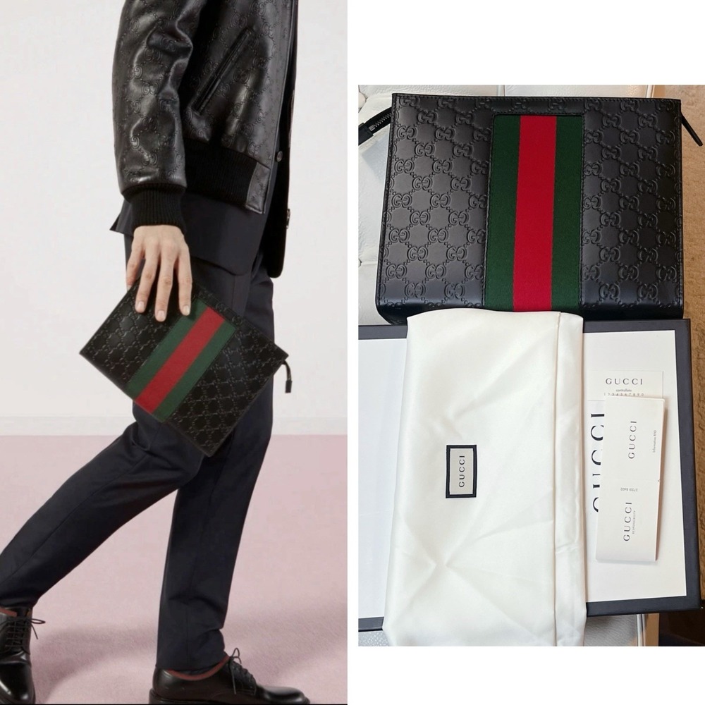 GUCCI Men's GG Supreme Web leather Pouch Bag Clutch NEW WITH BOX - Authentic
